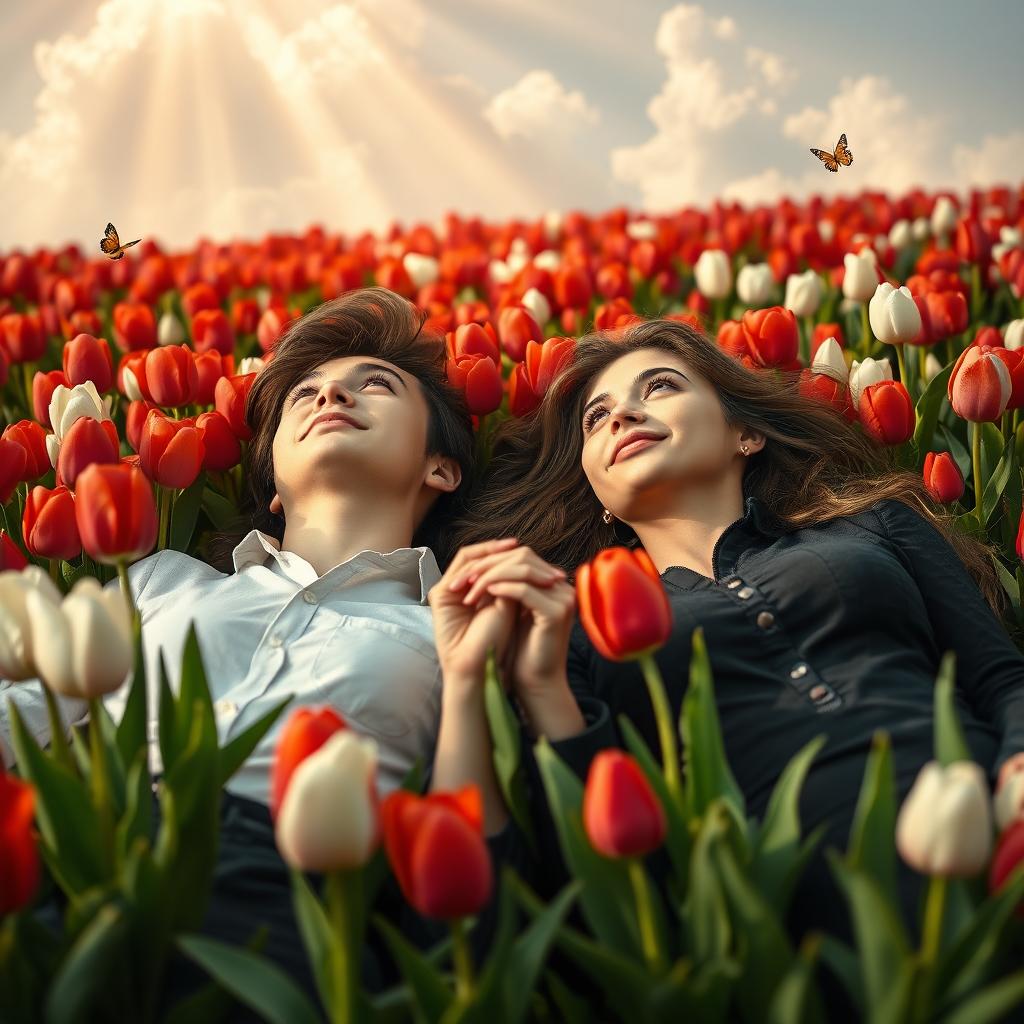 A beautiful young couple lying in a field of tulips, surrounded by vibrant red and white flowers