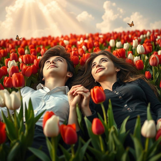 A beautiful young couple lying in a field of tulips, surrounded by vibrant red and white flowers