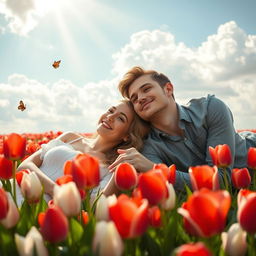 A beautiful young couple lying in a field of tulips, surrounded by vibrant red and white flowers