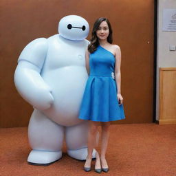 A brunette girl with shoulder-length hair, donned in a radiant blue dress that resembles crystal, standing beside Baymax, the endearing cartoon character from Big Hero 6.