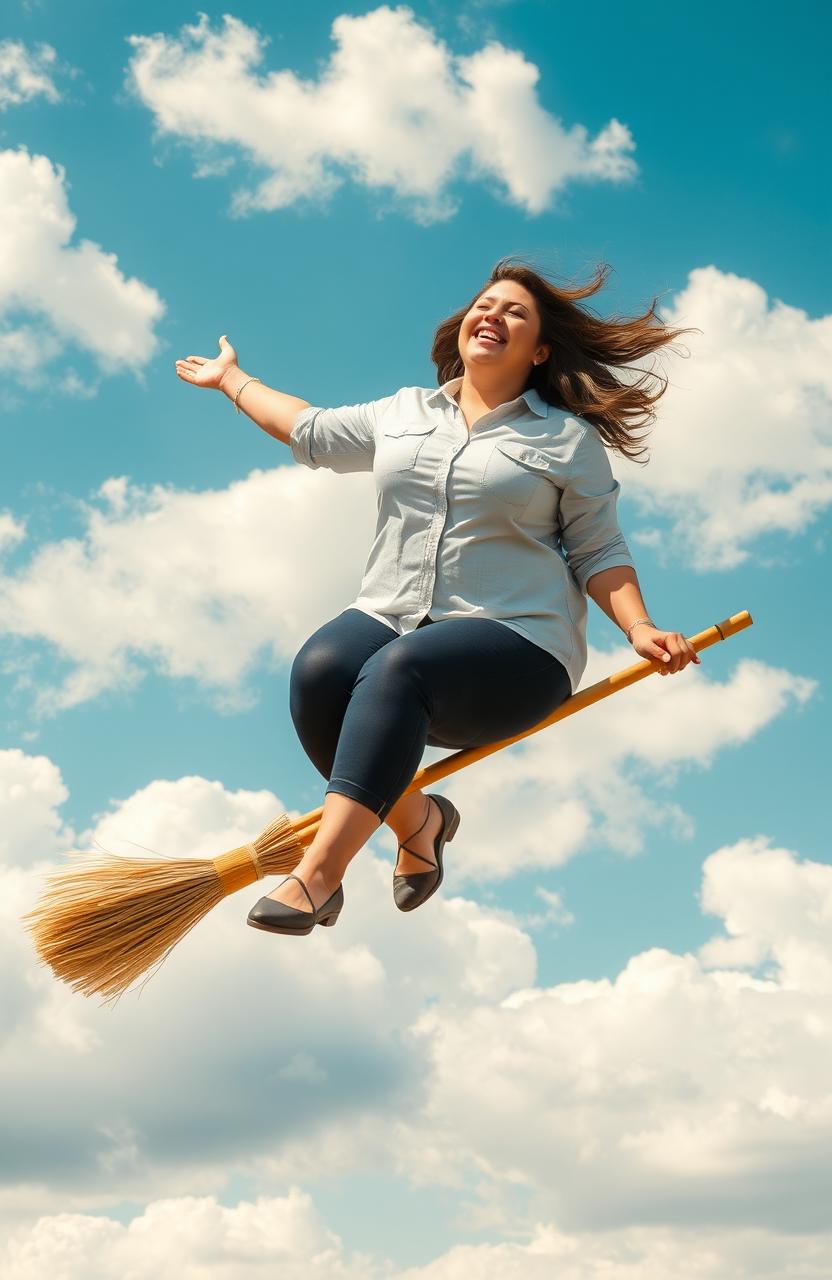 A plus-size woman wearing a button-up shirt, sitting confidently on a broomstick flying through a whimsical, cloudy sky