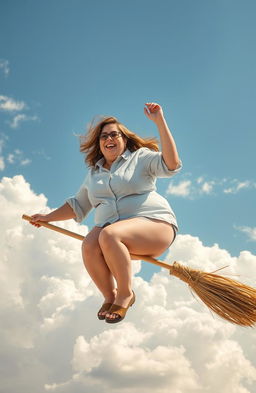 A plus-size woman wearing a button-up shirt, sitting confidently on a broomstick flying through a whimsical, cloudy sky