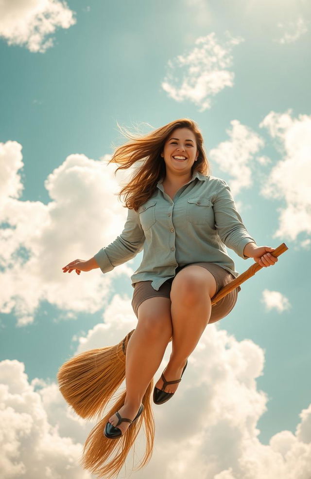 A plus-size woman wearing a button-up shirt, sitting confidently on a broomstick flying through a whimsical, cloudy sky