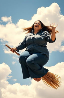 A plus-size woman wearing a button-up shirt, sitting confidently on a broomstick flying through a whimsical, cloudy sky