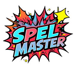 A comic-style logo inspired by the Power Stone game, featuring the text 'SPELL MASTER' in a dynamic and bold font