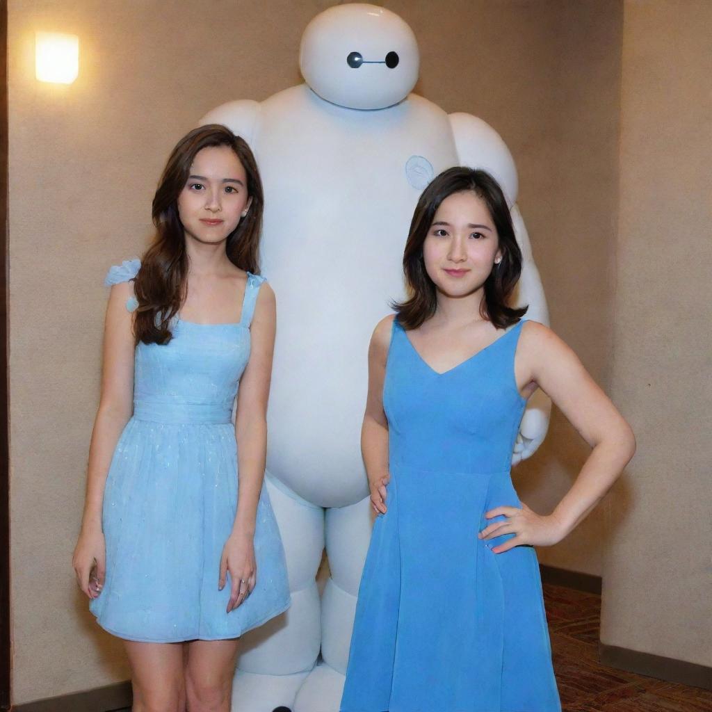 A brunette girl with shoulder-length hair, donned in a radiant blue dress that resembles crystal, standing beside Baymax, the endearing cartoon character from Big Hero 6.