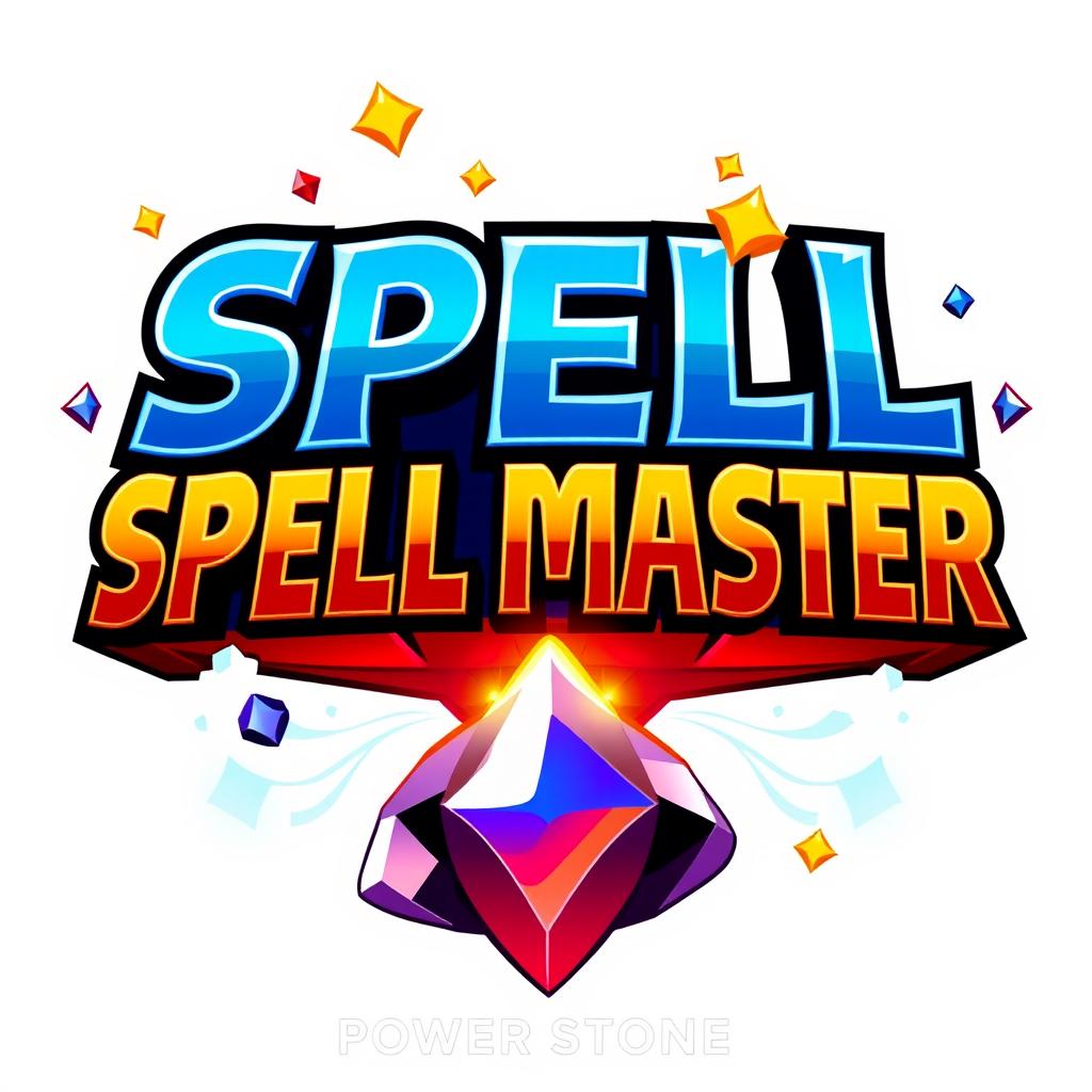 A vibrant logo inspired by the Power Stone game, featuring the text 'SPELL MASTER' in a dynamic and bold font