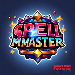 A vibrant logo inspired by the Power Stone game, featuring the text 'SPELL MASTER' in a dynamic and bold font