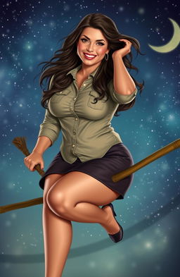 A voluptuous woman with a confident smile, wearing a button-up shirt and a stylish skirt, gracefully sitting on a broomstick as if she is about to take flight