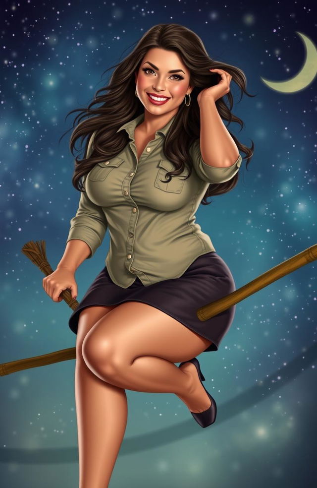 A voluptuous woman with a confident smile, wearing a button-up shirt and a stylish skirt, gracefully sitting on a broomstick as if she is about to take flight