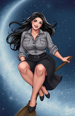 A voluptuous woman with a confident smile, wearing a button-up shirt and a stylish skirt, gracefully sitting on a broomstick as if she is about to take flight