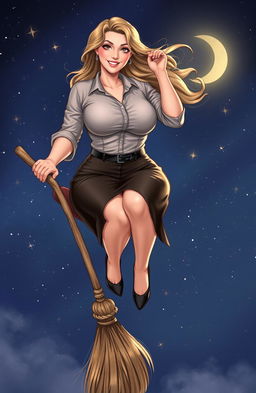 A voluptuous woman with a confident smile, wearing a button-up shirt and a stylish skirt, gracefully sitting on a broomstick as if she is about to take flight