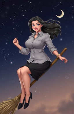 A voluptuous woman with a confident smile, wearing a button-up shirt and a stylish skirt, gracefully sitting on a broomstick as if she is about to take flight