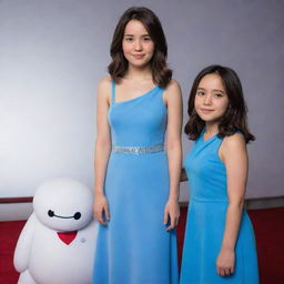 A brunette girl with shoulder-length hair, donned in a radiant blue dress that resembles crystal, standing beside Baymax, the endearing cartoon character from Big Hero 6.