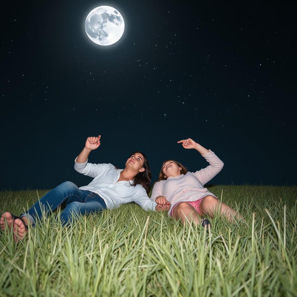 A beautiful young couple lying on a grassy field at night, gazing at the stars