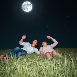 A beautiful young couple lying on a grassy field at night, gazing at the stars