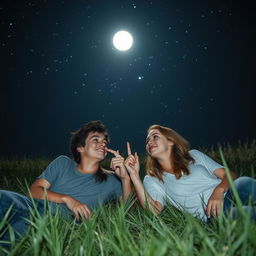 A beautiful young couple lying on a grassy field at night, gazing at the stars