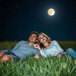 A beautiful young couple lying on a grassy field at night, gazing at the stars