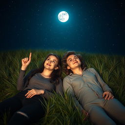 A beautiful young couple lying on a grassy field at night, gazing at the stars