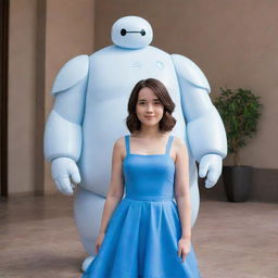 A brunette girl with shoulder-length hair, donned in a radiant blue dress that resembles crystal, standing beside Baymax, the endearing cartoon character from Big Hero 6.