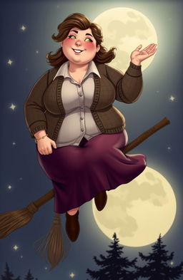 A plump woman wearing a button-up shirt, a cozy cardigan, and a skirt, sitting gracefully on a broomstick