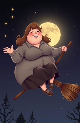 A plump woman wearing a button-up shirt, a cozy cardigan, and a skirt, sitting gracefully on a broomstick