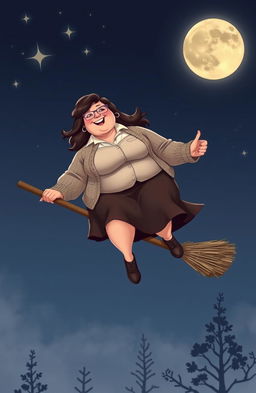 A plump woman wearing a button-up shirt, a cozy cardigan, and a skirt, sitting gracefully on a broomstick