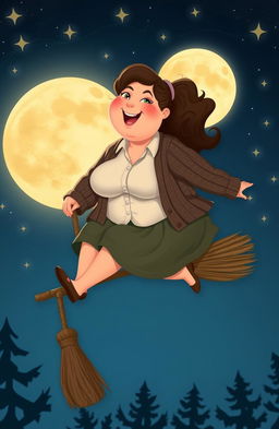 A plump woman wearing a button-up shirt, a cozy cardigan, and a skirt, sitting gracefully on a broomstick