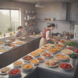 An animated, bustling kitchen scene full of delicious food being prepared