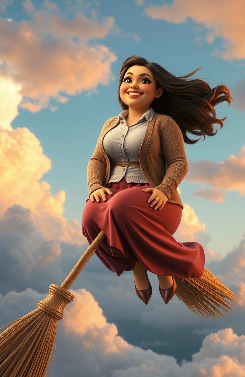 CGI scene of a plus-sized woman with a joyful expression, wearing a button-up shirt under a cozy cardigan and a flowing skirt, sitting confidently on a classic wooden broomstick