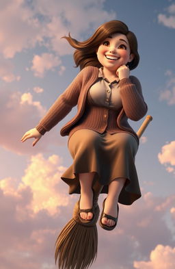 CGI scene of a plus-sized woman with a joyful expression, wearing a button-up shirt under a cozy cardigan and a flowing skirt, sitting confidently on a classic wooden broomstick