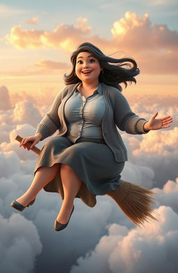 CGI scene of a plus-sized woman with a joyful expression, wearing a button-up shirt under a cozy cardigan and a flowing skirt, sitting confidently on a classic wooden broomstick