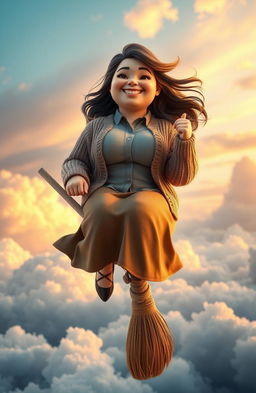 CGI scene of a plus-sized woman with a joyful expression, wearing a button-up shirt under a cozy cardigan and a flowing skirt, sitting confidently on a classic wooden broomstick