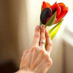 A feminine hand elegantly holding a red tulip and a black tulip, with a beautiful promise ring adorning her finger