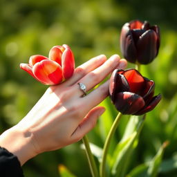 A feminine hand elegantly holding a red tulip and a black tulip, with a beautiful promise ring adorning her finger