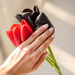 A feminine hand elegantly holding a red tulip and a black tulip, with a beautiful promise ring adorning her finger