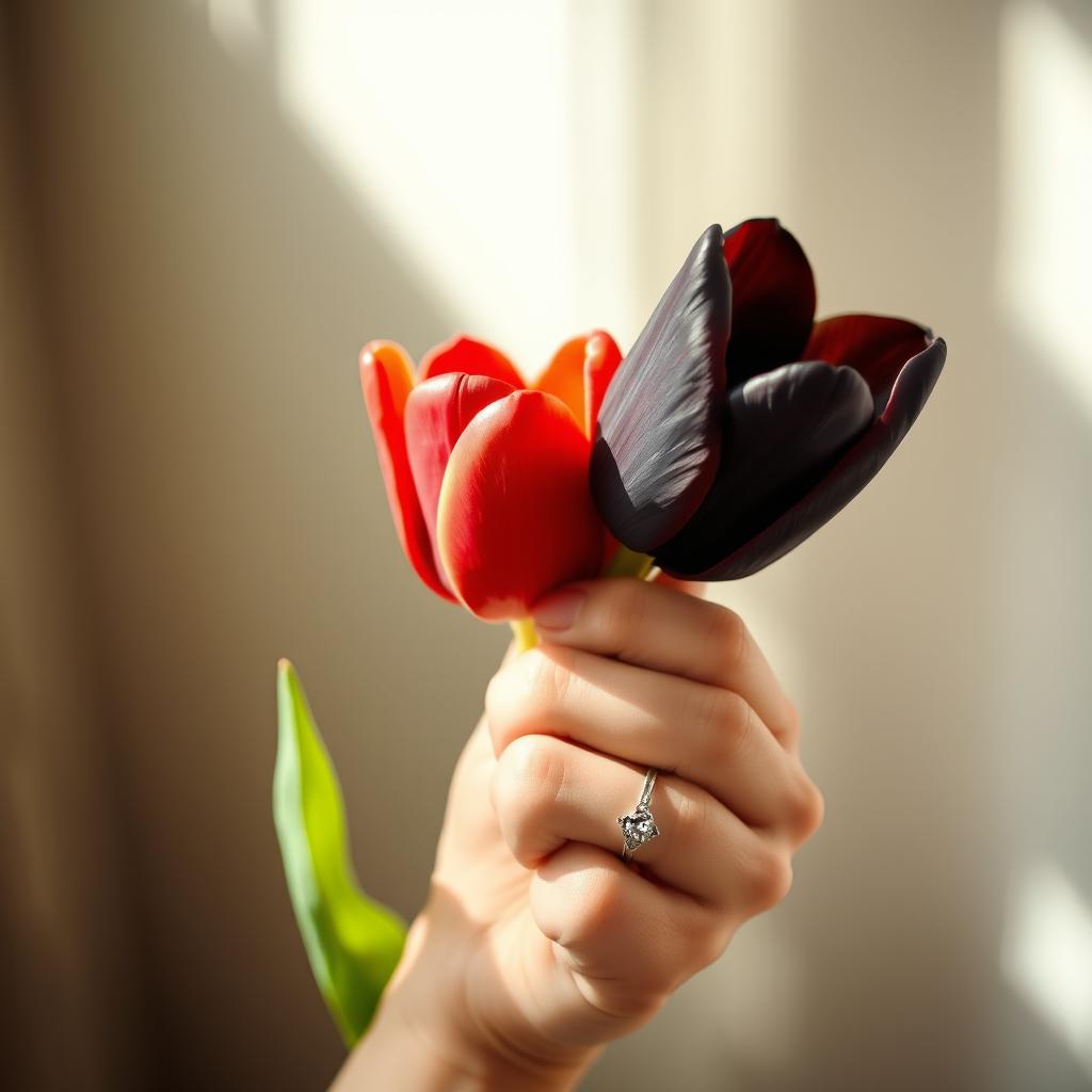 A feminine hand elegantly holding a red tulip and a black tulip, with a beautiful promise ring adorning her finger