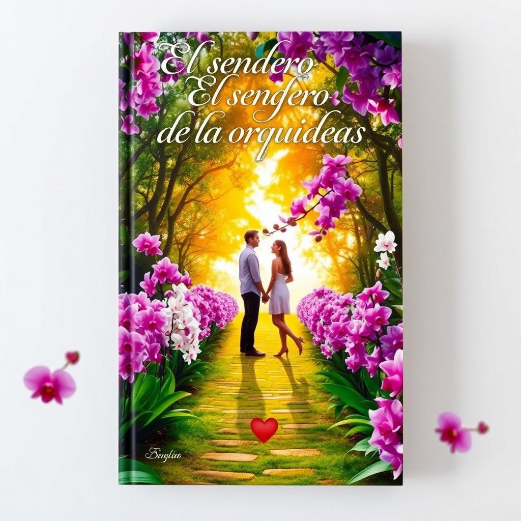 A captivating book cover for "El sendero de las orquídeas", a romantic novel