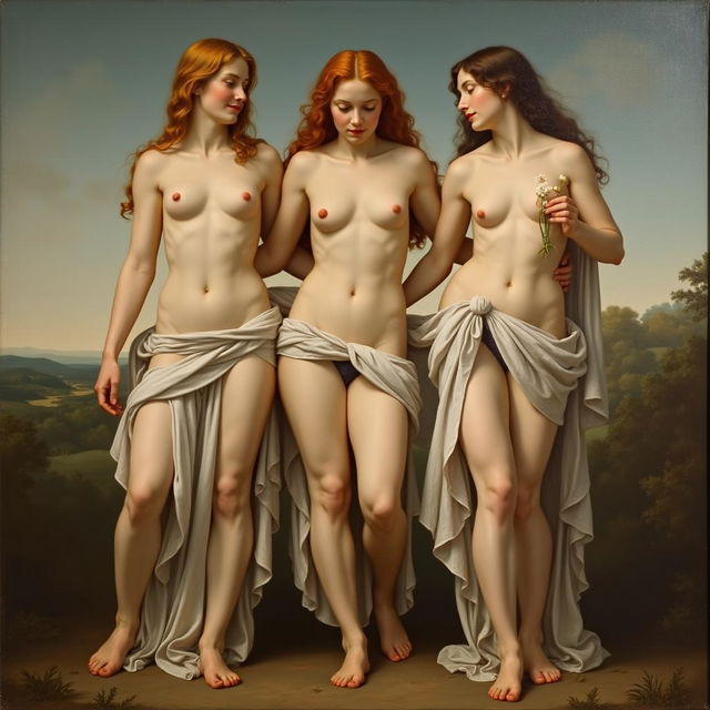 A painting of The Three Graces in the style of artist Leonardo da Vinci