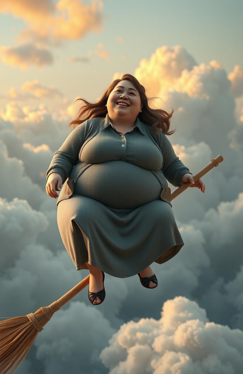 A CGI rendering of an extremely obese woman wearing a button-up shirt, cardigan, and skirt, sitting on a broomstick