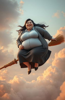 A CGI rendering of an extremely obese woman wearing a button-up shirt, cardigan, and skirt, sitting on a broomstick