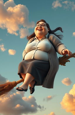 A CGI rendering of an extremely obese woman wearing a button-up shirt, cardigan, and skirt, sitting on a broomstick