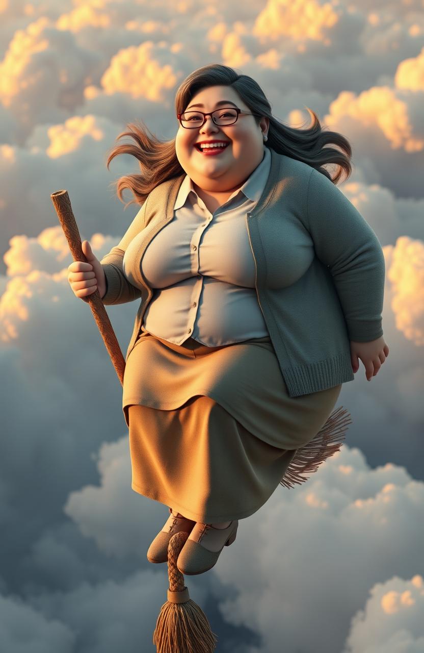 A CGI rendering of an extremely obese woman wearing a button-up shirt, cardigan, and skirt, sitting on a broomstick