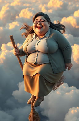 A CGI rendering of an extremely obese woman wearing a button-up shirt, cardigan, and skirt, sitting on a broomstick