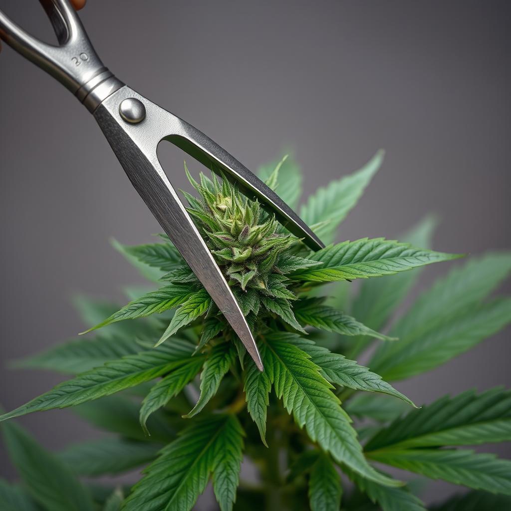 A carefully manicured marijuana plant with a close-up shot of scissors delicately trimming the leaves