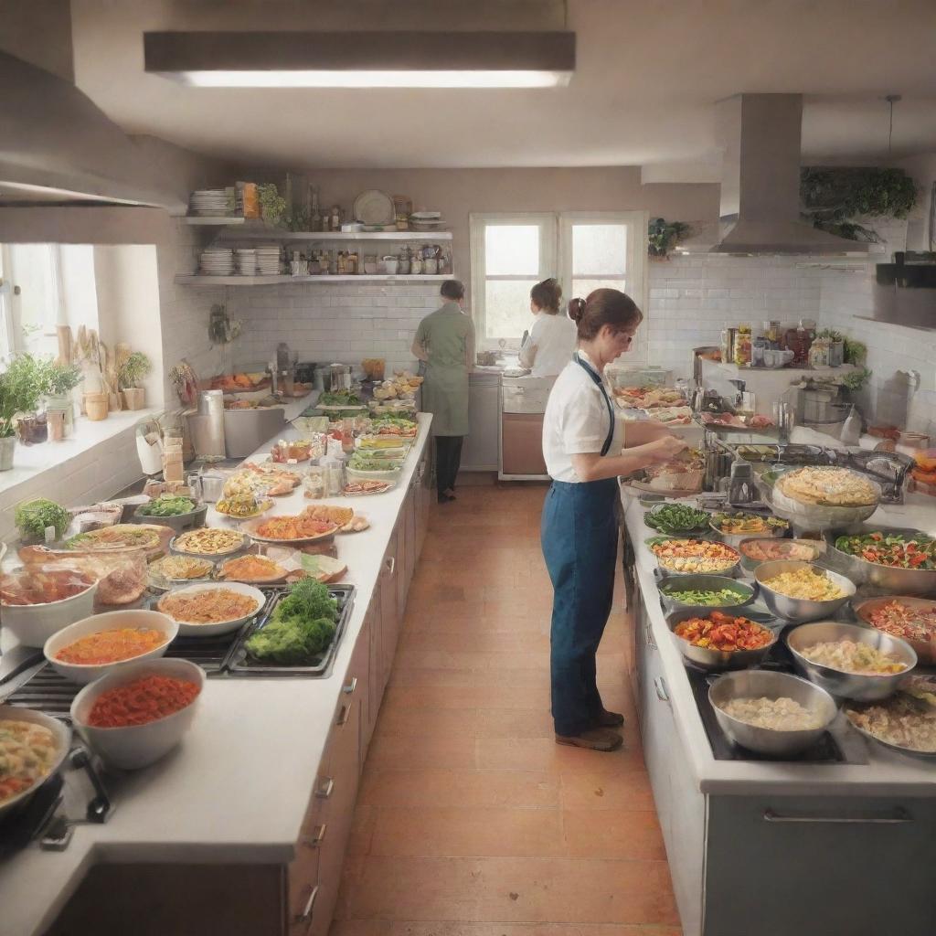 An animated, bustling kitchen scene full of delicious food being prepared