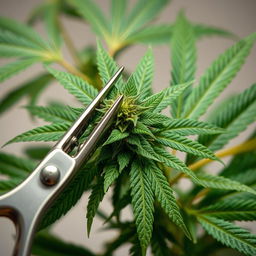 A carefully manicured marijuana plant with a close-up shot of scissors delicately trimming the leaves