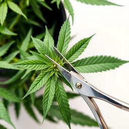 A carefully manicured marijuana plant with a close-up shot of scissors delicately trimming the leaves