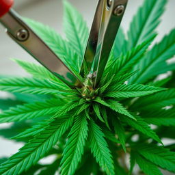 A carefully manicured marijuana plant with a close-up shot of scissors delicately trimming the leaves