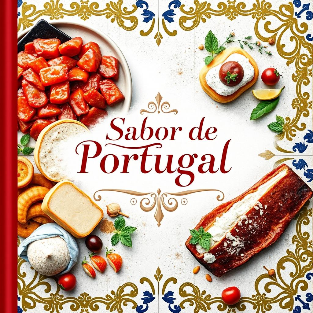 Uma capa de ebook lindamente elaborada mostrando a essência da culinária portuguesa, tanto na frente quanto no verso, escrita em português